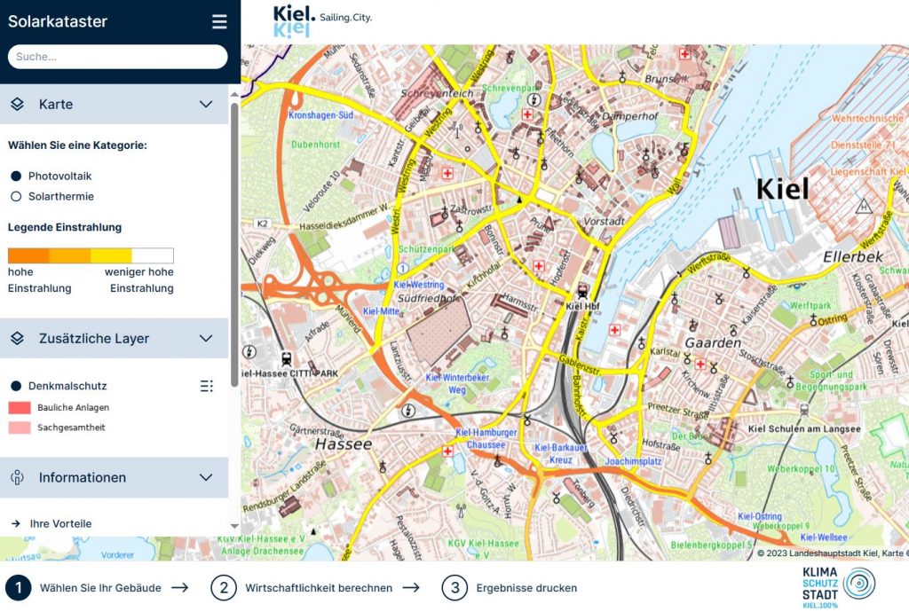 Solardachkataster-Karte: Photovoltaik in Kiel.