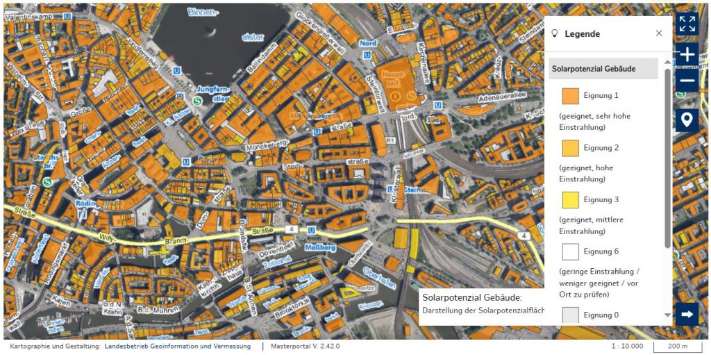 Solardachkataster-Karte: Photovoltaik in Hamburg.