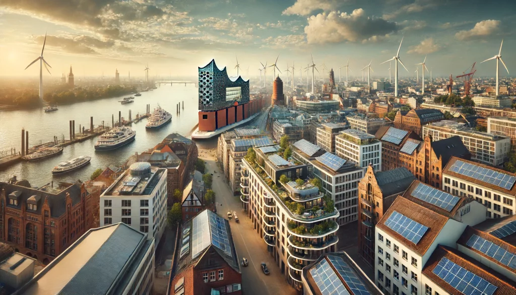 KI-generiertes Bild welches den Hamburger Hafen und Gebäude in Hamburg mit Photovoltaikanlagen zeige. Thema: PV Pflicht Hamburg
