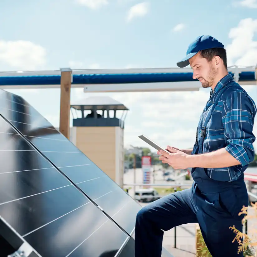 Photovoltaik-Gutachter prüft eine Solaranlage